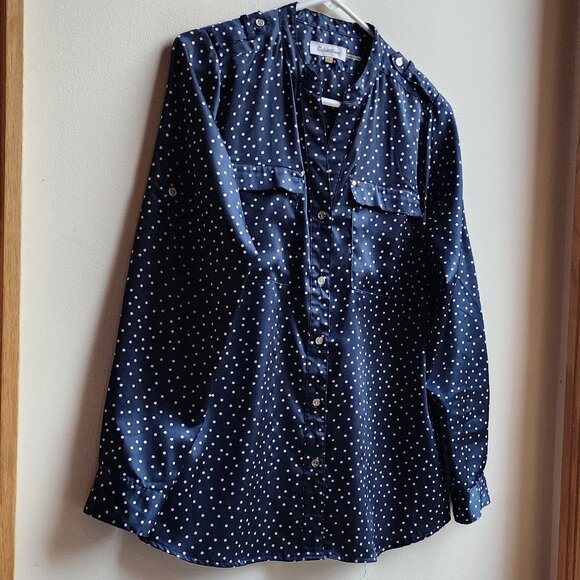 Calvin Klein Navy Polka Dot Button Down Shirt Size Petite Small - Picture 3 of 16